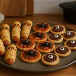 apero halloween monstrueux fait maison dans une cuisine familiale, buffet apéritif halloween avec décorations, amuse-bouches salés et sucrés