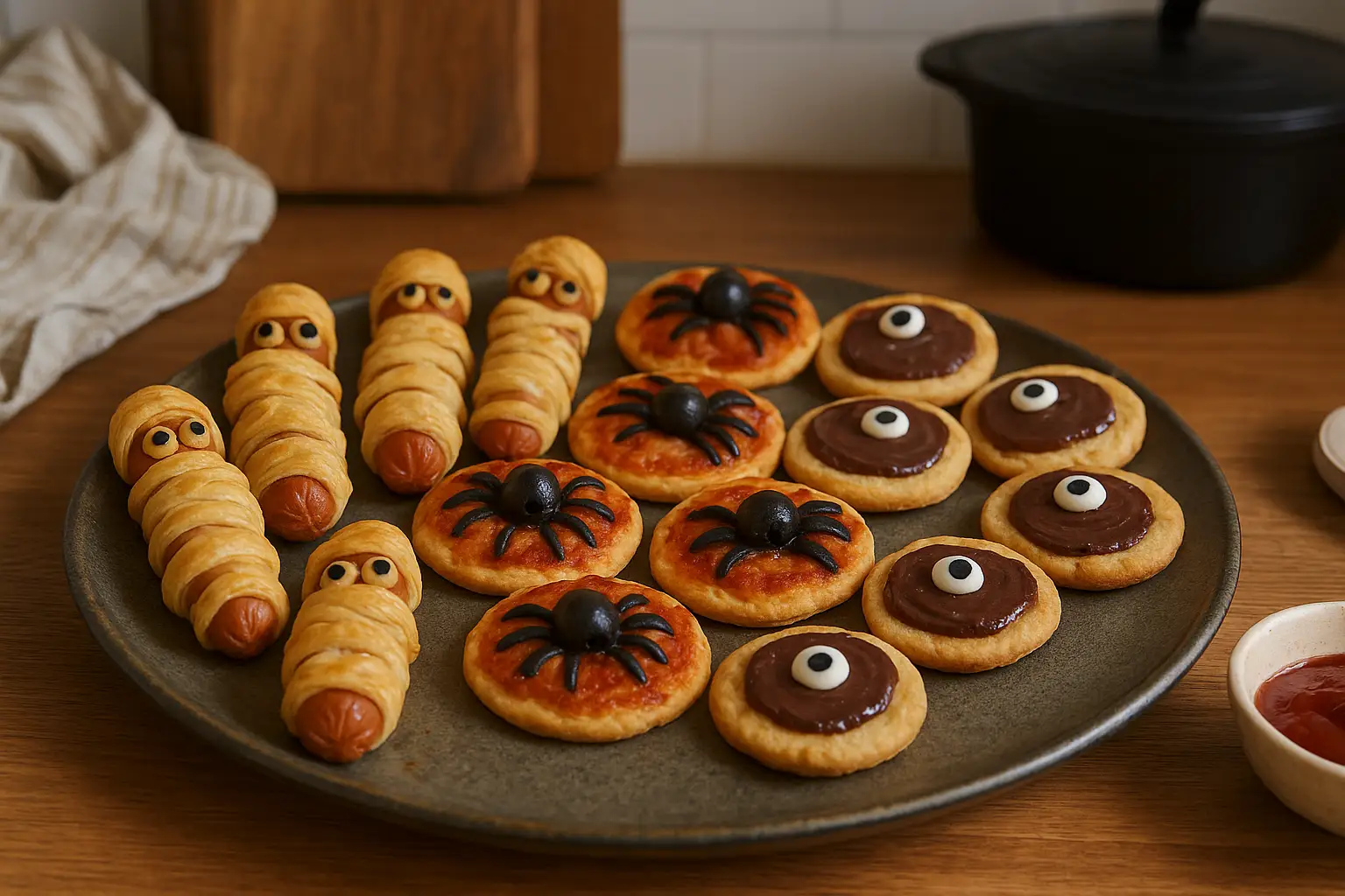 apero halloween monstrueux fait maison dans une cuisine familiale, buffet apéritif halloween avec décorations, amuse-bouches salés et sucrés