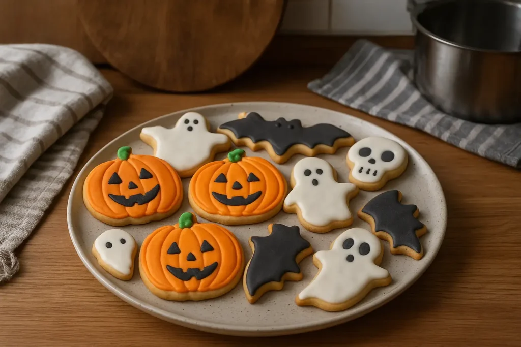 Photo de biscuits d’Halloween maison décorés avec du glaçage coloré, en forme de fantômes, citrouilles et chauves-souris, posés sur une table de cuisine familiale à la lumière naturelle.