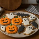 Photo de biscuits d’Halloween maison décorés avec du glaçage coloré, en forme de fantômes, citrouilles et chauves-souris, posés sur une table de cuisine familiale à la lumière naturelle.
