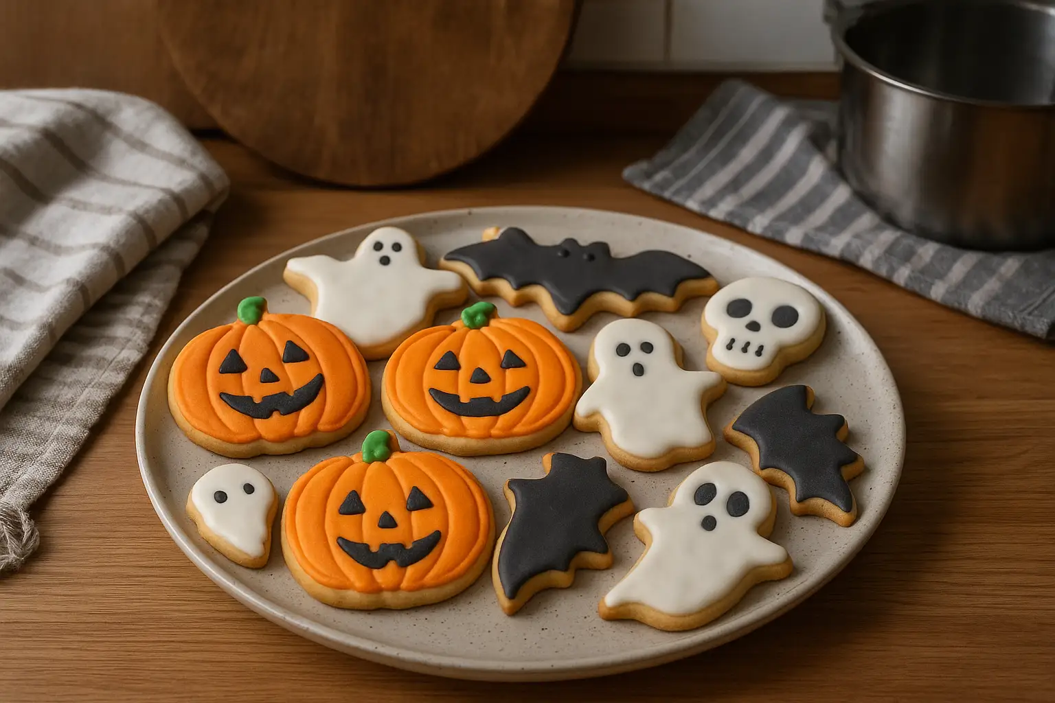 Photo de biscuits d’Halloween maison décorés avec du glaçage coloré, en forme de fantômes, citrouilles et chauves-souris, posés sur une table de cuisine familiale à la lumière naturelle.