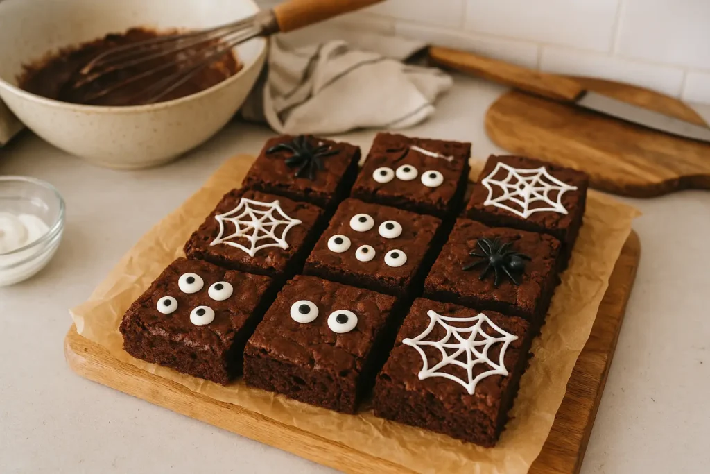 Brownies Halloween au chocolat faits maison, décorés avec des yeux en sucre et des toiles en chocolat blanc dans une cuisine familiale