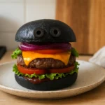 Burger d'Halloween maison avec pain noir, cheddar orange et sauce ensorcelée sur une assiette dans une cuisine familiale.