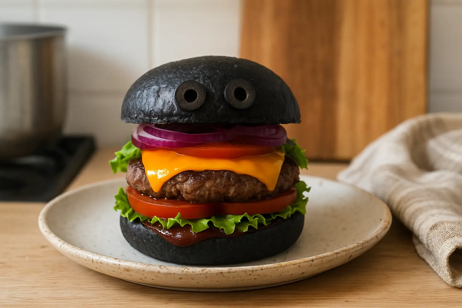 Burger d'Halloween maison avec pain noir, cheddar orange et sauce ensorcelée sur une assiette dans une cuisine familiale.