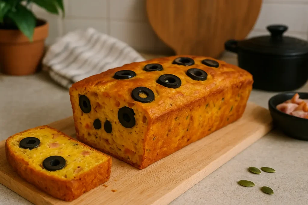 Cake salé Halloween au potiron et fromage, décoré d’olives noires pour un apéritif festif et effrayant