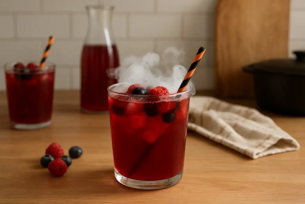 Photo d’un cocktail Halloween sans alcool rouge sang dans un verre décoré de toiles d’araignées et d’yeux sucrés, posé sur une table de cuisine familiale décorée pour Halloween.