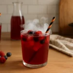 Photo d’un cocktail Halloween sans alcool rouge sang dans un verre décoré de toiles d’araignées et d’yeux sucrés, posé sur une table de cuisine familiale décorée pour Halloween.