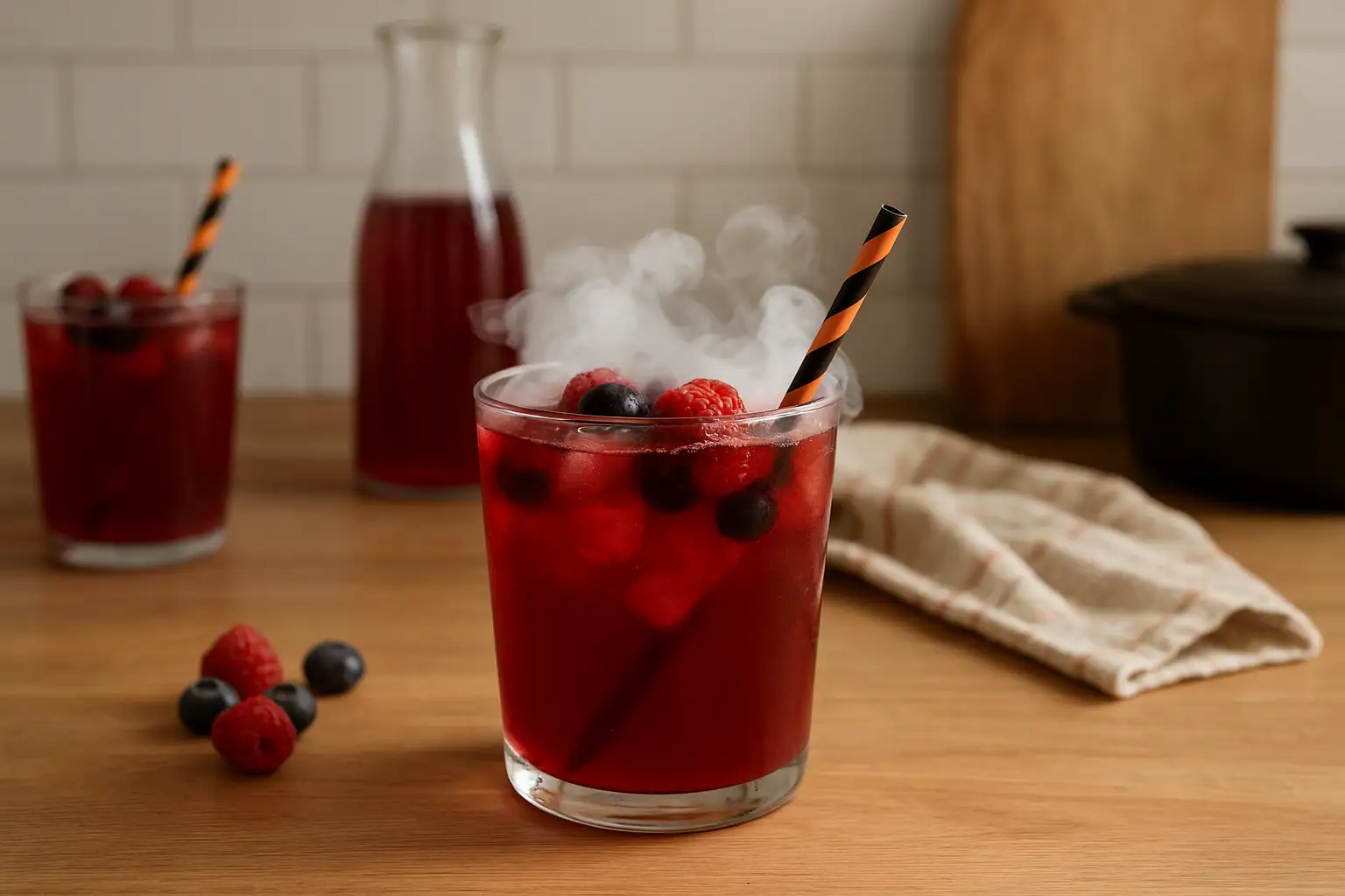 Photo d’un cocktail Halloween sans alcool rouge sang dans un verre décoré de toiles d’araignées et d’yeux sucrés, posé sur une table de cuisine familiale décorée pour Halloween.