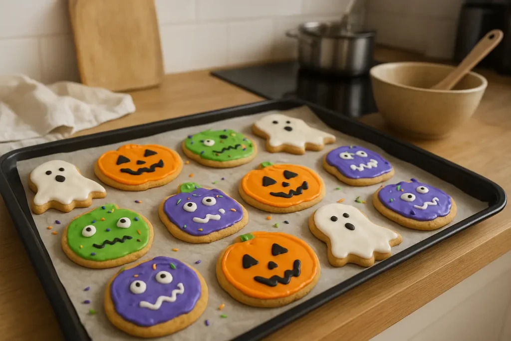 Cookies d'Halloween maison sur une table de cuisine, biscuits décorés aux couleurs d’Halloween