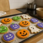 Cookies d'Halloween maison sur une table de cuisine, biscuits décorés aux couleurs d’Halloween