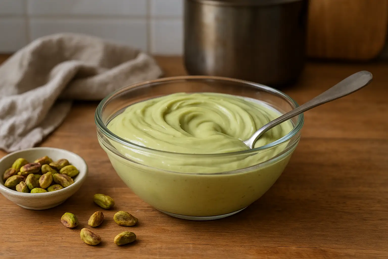 Crème pistache pour gâteau maison, onctueuse et facile à préparer, parfaite pour garnir un dessert ou un gâteau fait maison.