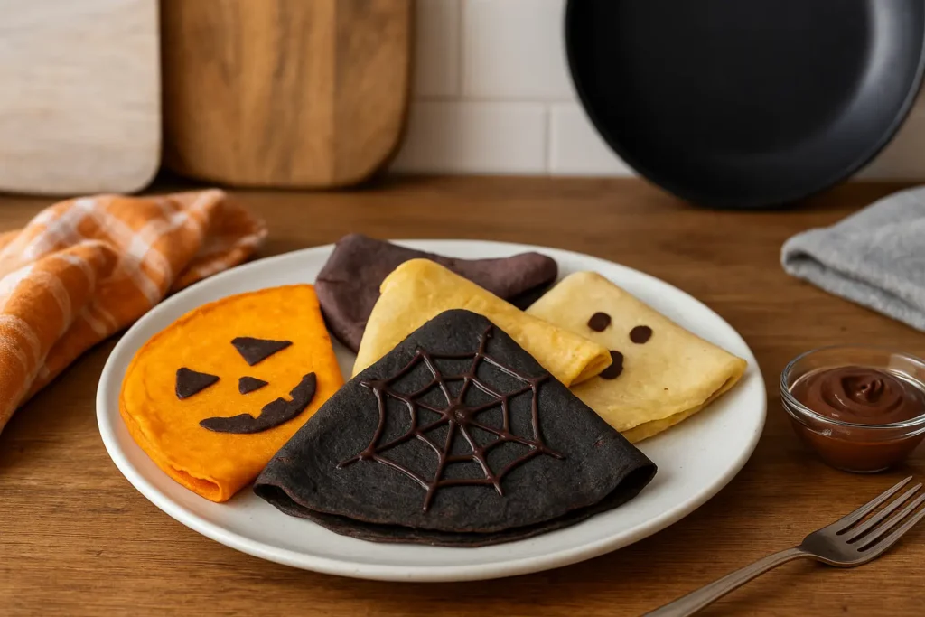 Crêpe Halloween colorée avec décoration araignée et citrouille sur assiette, photo prise dans une cuisine maison