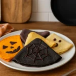 Crêpe Halloween colorée avec décoration araignée et citrouille sur assiette, photo prise dans une cuisine maison