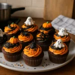 Photo réaliste de cupcakes Halloween maison, au chocolat et à la vanille, décorés pour Halloween dans une cuisine de maison.