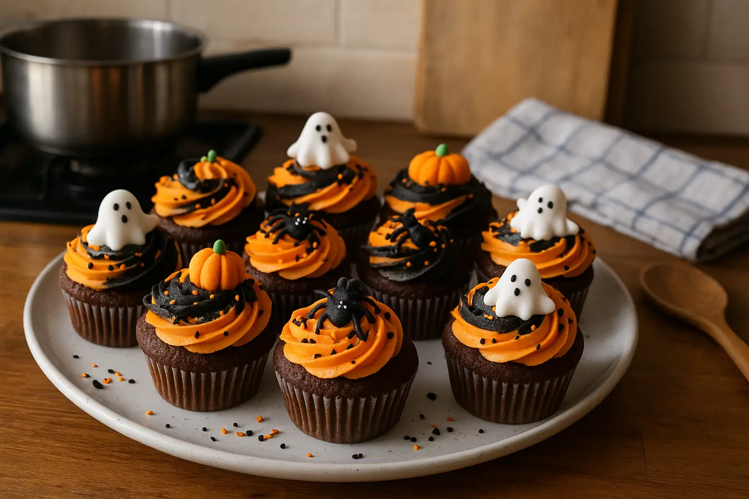 Photo réaliste de cupcakes Halloween maison, au chocolat et à la vanille, décorés pour Halloween dans une cuisine de maison.