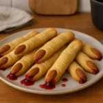 Photo réaliste de doigts de sorcière ensanglantés, biscuits sablés d’Halloween faits maison avec confiture rouge, présentés dans une cuisine familiale, recette sucrée Halloween facile et effrayante.