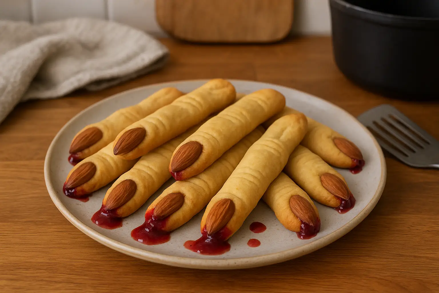 Photo réaliste de doigts de sorcière ensanglantés, biscuits sablés d’Halloween faits maison avec confiture rouge, présentés dans une cuisine familiale, recette sucrée Halloween facile et effrayante.