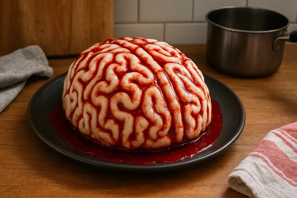Photo d’un gâteau cerveau Halloween sanglant fait maison, décoré d’un glaçage rouge et pris dans une cuisine familiale. Un dessert effrayant d’Halloween parfait pour une fête gourmande et terrifiante.