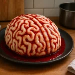 Photo d’un gâteau cerveau Halloween sanglant fait maison, décoré d’un glaçage rouge et pris dans une cuisine familiale. Un dessert effrayant d’Halloween parfait pour une fête gourmande et terrifiante.