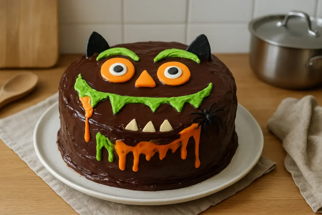Photo d’un gâteau chocolat monstre d’Halloween fait maison, décoré avec des yeux en bonbons, du glaçage au chocolat et des touches colorées, dans une vraie cuisine familiale. Recette facile et rigolote d’Halloween pour enfants.
