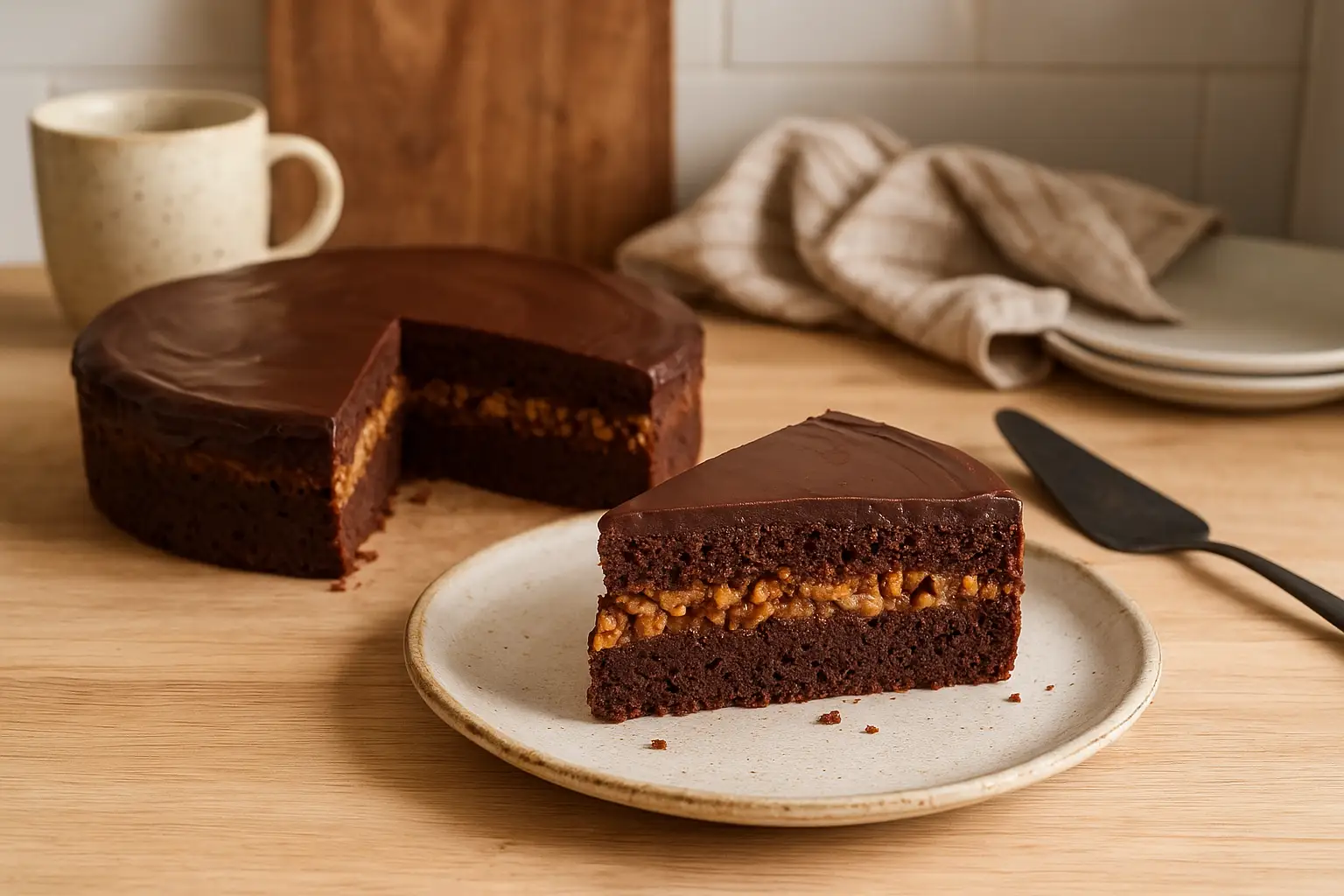 gâteau chocolat praliné maison sur une table de cuisine, dessert fondant et croustillant au chocolat et praliné