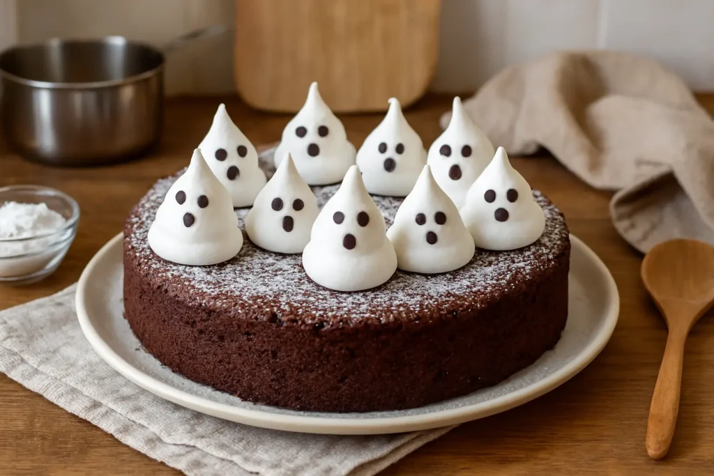 Photo d’un gâteau fantôme au chocolat moelleux, décoré de petites meringues en forme de fantômes, parfait pour une recette Halloween maison facile.