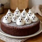 Photo d’un gâteau fantôme au chocolat moelleux, décoré de petites meringues en forme de fantômes, parfait pour une recette Halloween maison facile.