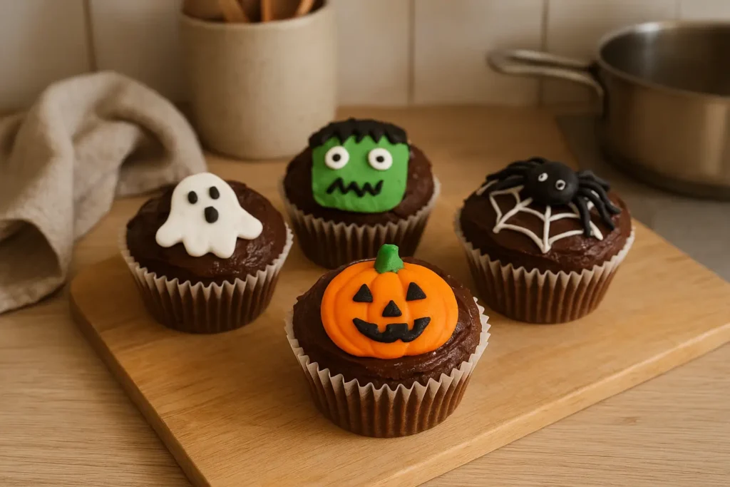 Gâteau Halloween individuel fait maison décoré avec bonbons et glaçage dans une cuisine familiale