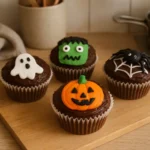 Gâteau Halloween individuel fait maison décoré avec bonbons et glaçage dans une cuisine familiale