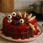 Gâteau Halloween qui fait peur décoré avec des yeux en bonbons et du glaçage rouge, photographié dans une vraie cuisine pour une ambiance d’Halloween maison.