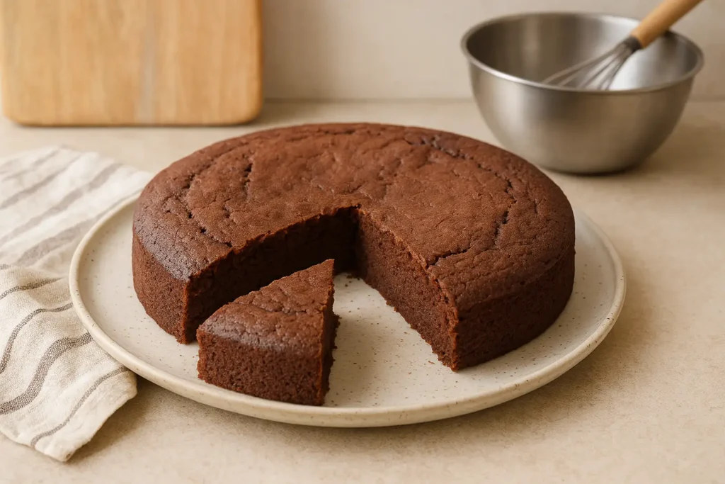 Gâteau IG bas au chocolat et à la poudre d’amande, moelleux et sans sucre raffiné, présenté dans une cuisine de maison.