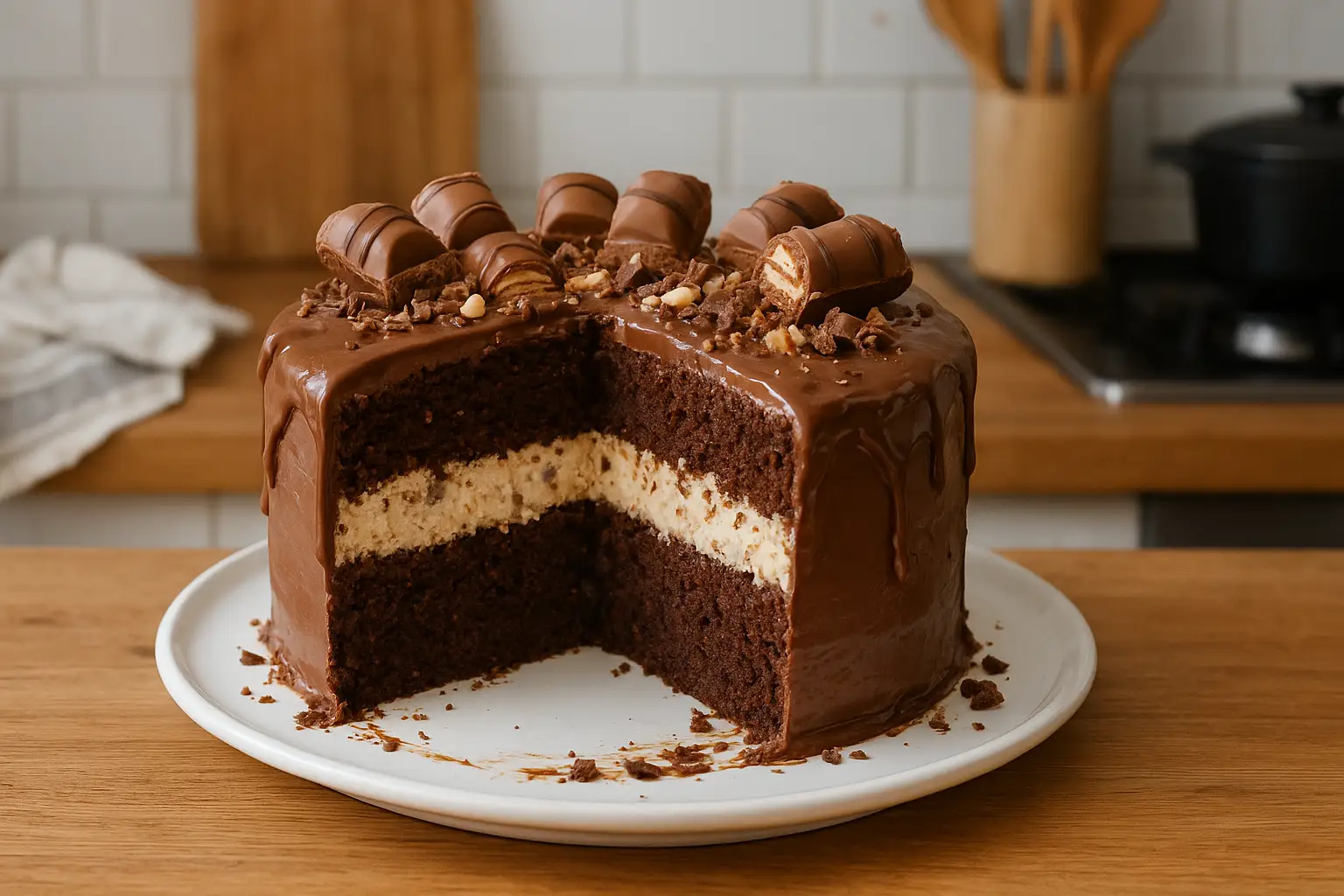 Photo d’un gâteau Kinder Bueno maison, nappé de ganache au chocolat et décoré de barres Kinder et noisettes, posé sur un plan de travail dans une cuisine familiale.