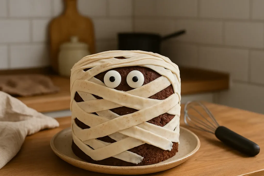 Gâteau momie d’Halloween fait maison, décoré de bandelettes de pâte à sucre et yeux en sucre, photographié dans une cuisine familiale.