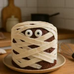 Gâteau momie d’Halloween fait maison, décoré de bandelettes de pâte à sucre et yeux en sucre, photographié dans une cuisine familiale.