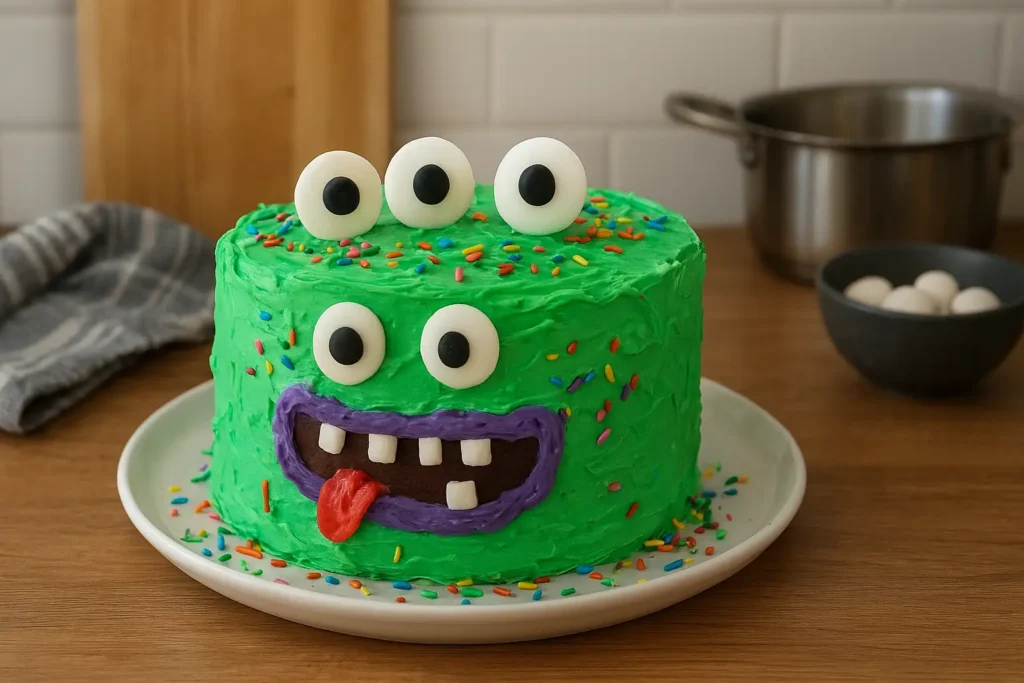 Gâteau monstre d’Halloween décoré avec glaçage coloré et yeux en bonbons