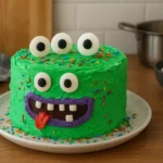 Gâteau monstre d’Halloween décoré avec glaçage coloré et yeux en bonbons
