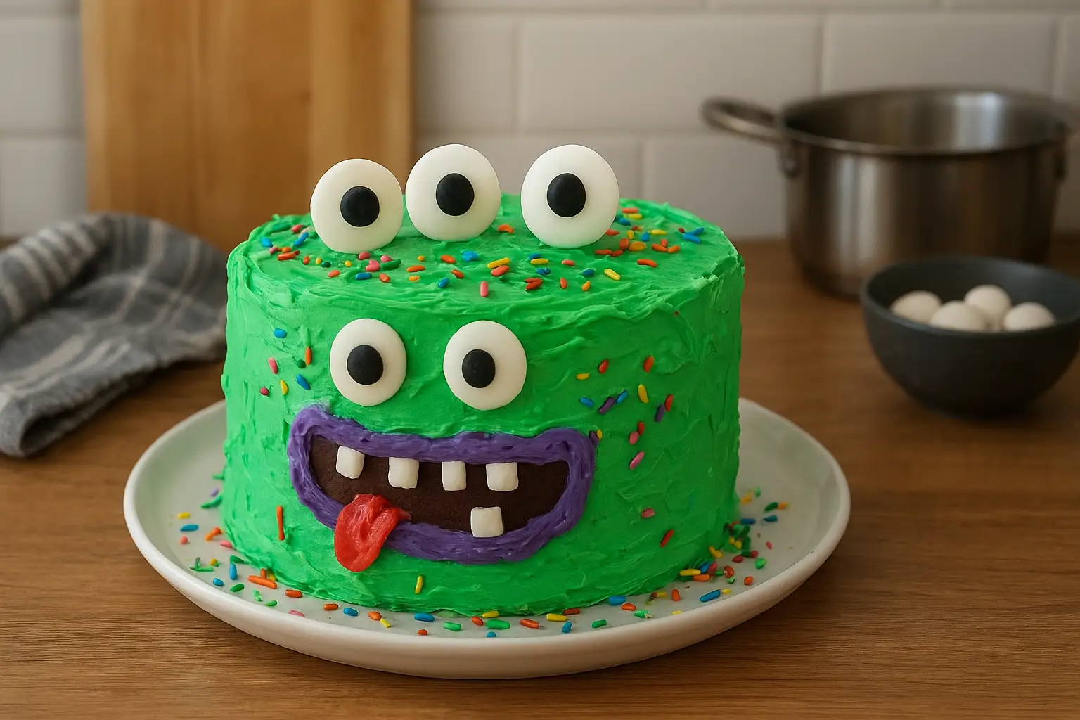 Gâteau monstre d’Halloween décoré avec glaçage coloré et yeux en bonbons