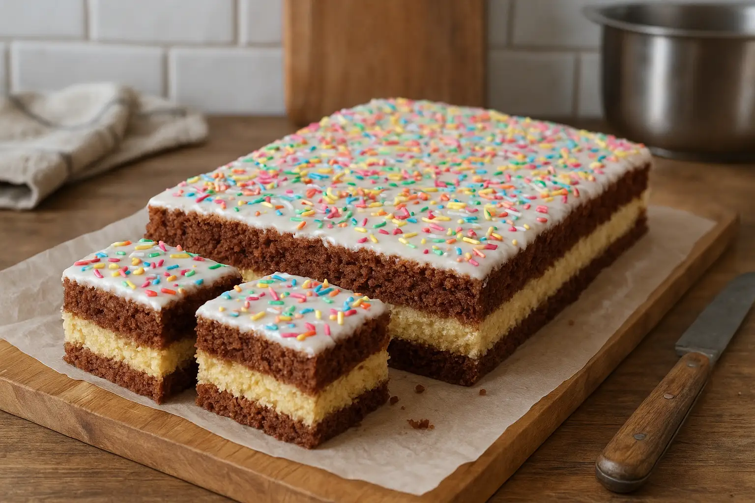 Gâteau Napolitain maison au chocolat et vanille sur une table de cuisine familiale
