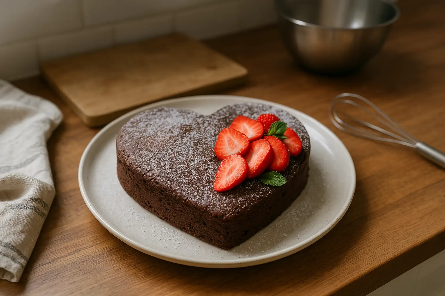 gâteau cœur chocolat et fraises, recette gateaux Saint Valentin faite maison dans une cuisine familiale