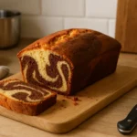 Photo d’un gâteau Savane maison moelleux, marbré chocolat et vanille, posé sur une table de cuisine familiale avec lumière naturelle.