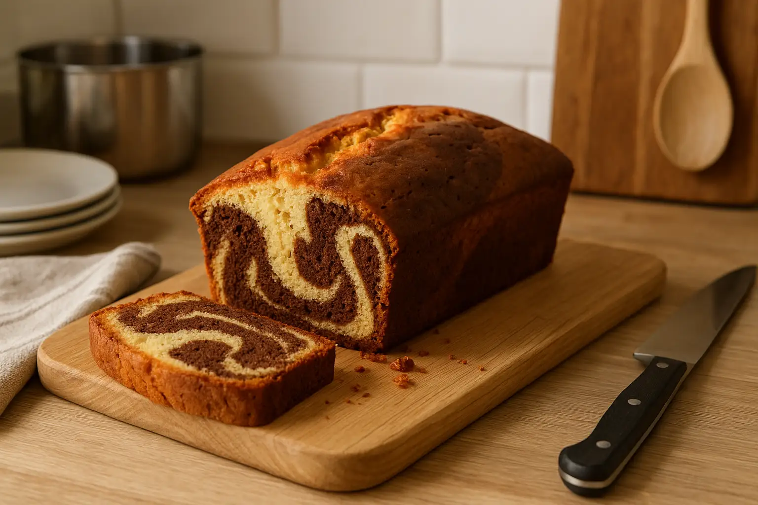 Photo d’un gâteau Savane maison moelleux, marbré chocolat et vanille, posé sur une table de cuisine familiale avec lumière naturelle.