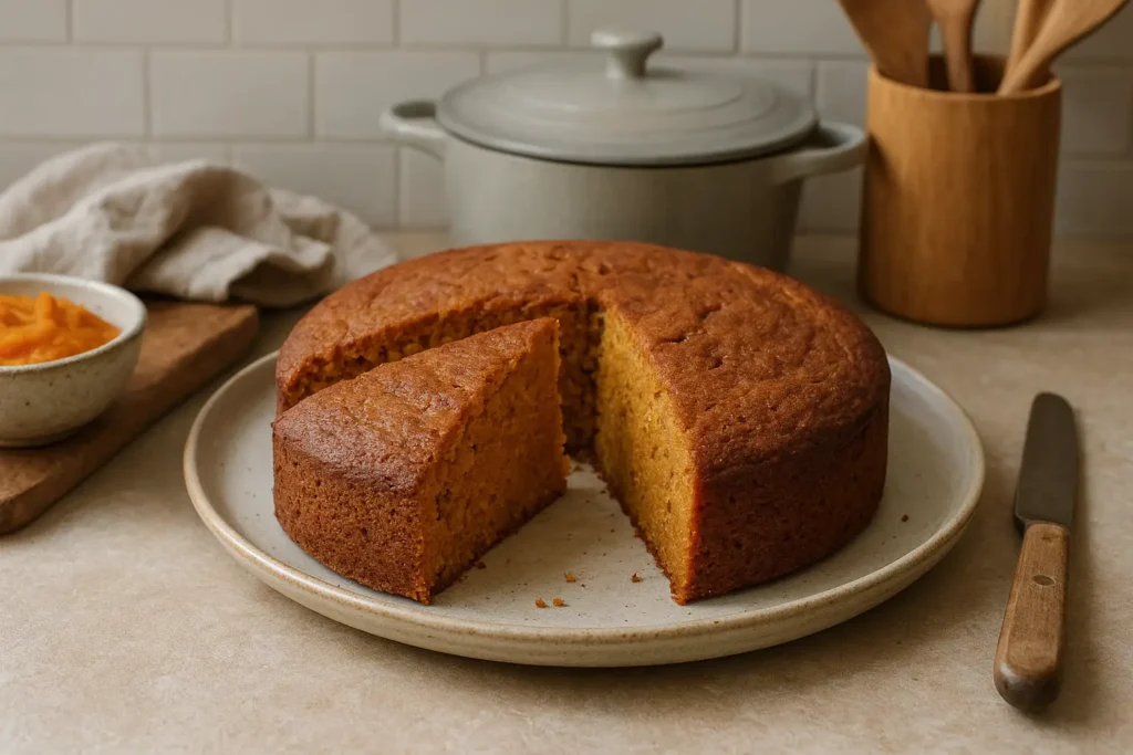 Photo d’un gâteau à la citrouille maison, moelleux et doré, posé dans une cuisine familiale avec ambiance automnale