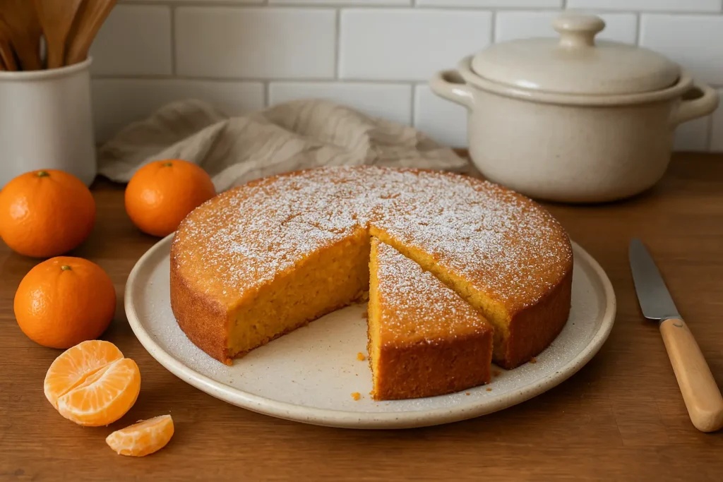 Gâteau à la clémentine moelleux sorti du four, photographié dans une cuisine maison