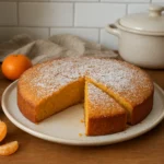Gâteau à la clémentine moelleux sorti du four, photographié dans une cuisine maison