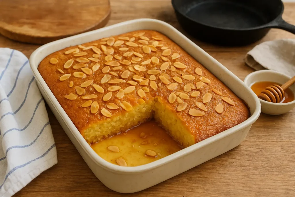 Photo réaliste d’un gâteau arabe au miel et aux amandes, dessert oriental maison, moelleux et doré, parfait pour le Ramadan et les fêtes traditionnelles.