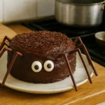 Photo d’un gâteau araignée d’Halloween au chocolat, décoré avec des Mikado pour les pattes et des bonbons pour les yeux, posé sur une table de cuisine familiale décorée pour Halloween.