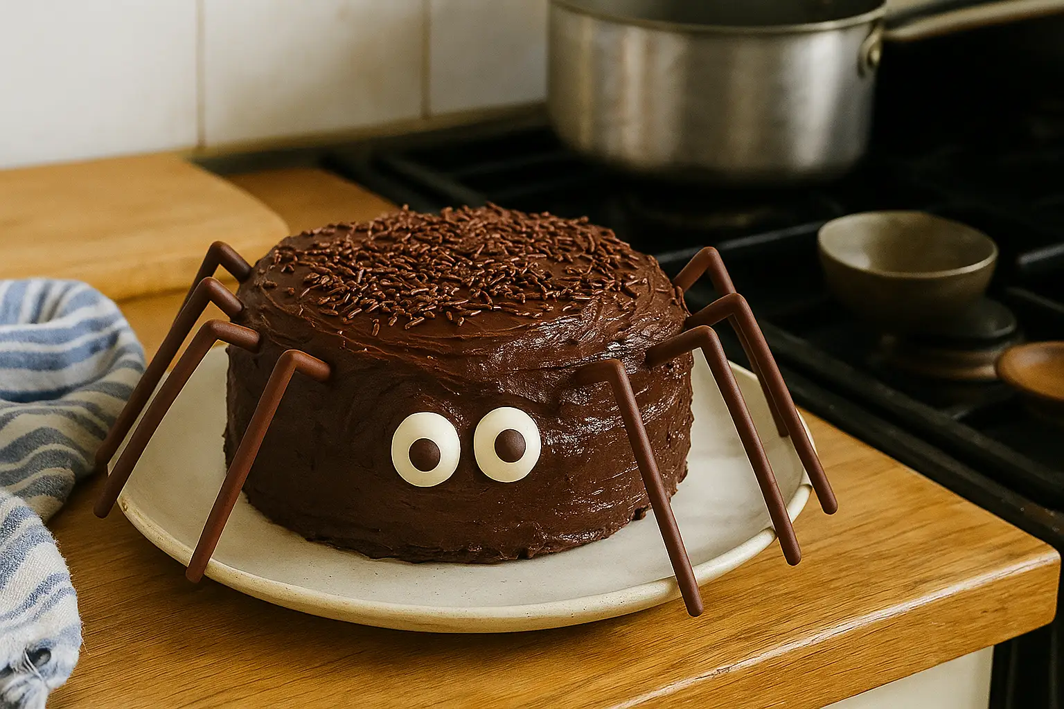 Photo d’un gâteau araignée d’Halloween au chocolat, décoré avec des Mikado pour les pattes et des bonbons pour les yeux, posé sur une table de cuisine familiale décorée pour Halloween.