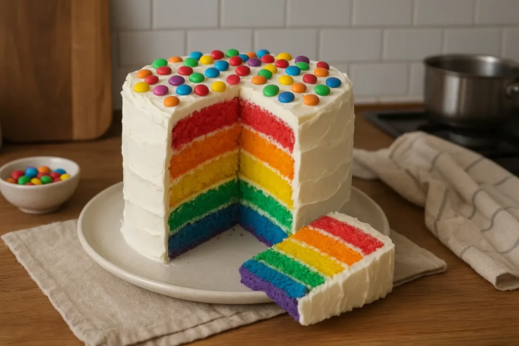 Photo d’un gâteau arc-en-ciel maison fait à la main, coloré et moelleux, idéal pour un anniversaire ou une fête, présenté dans une cuisine familiale.