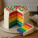 Photo d’un gâteau arc-en-ciel maison fait à la main, coloré et moelleux, idéal pour un anniversaire ou une fête, présenté dans une cuisine familiale.