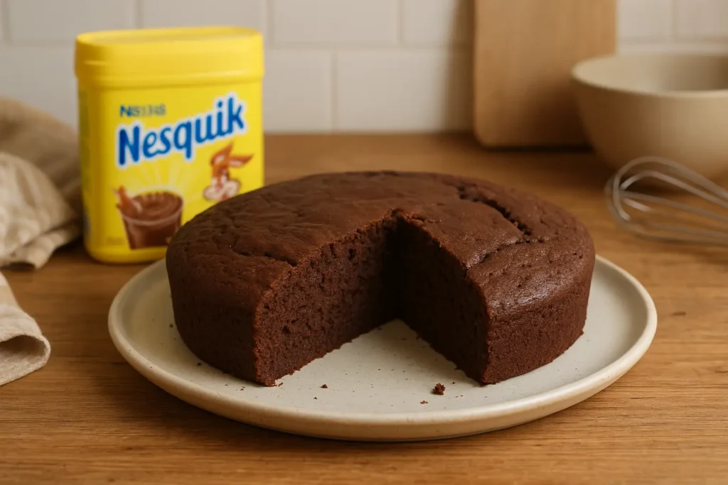 Photo d’un gâteau au Nesquik fait maison, moelleux et chocolaté, parfait pour un goûter gourmand en famille.